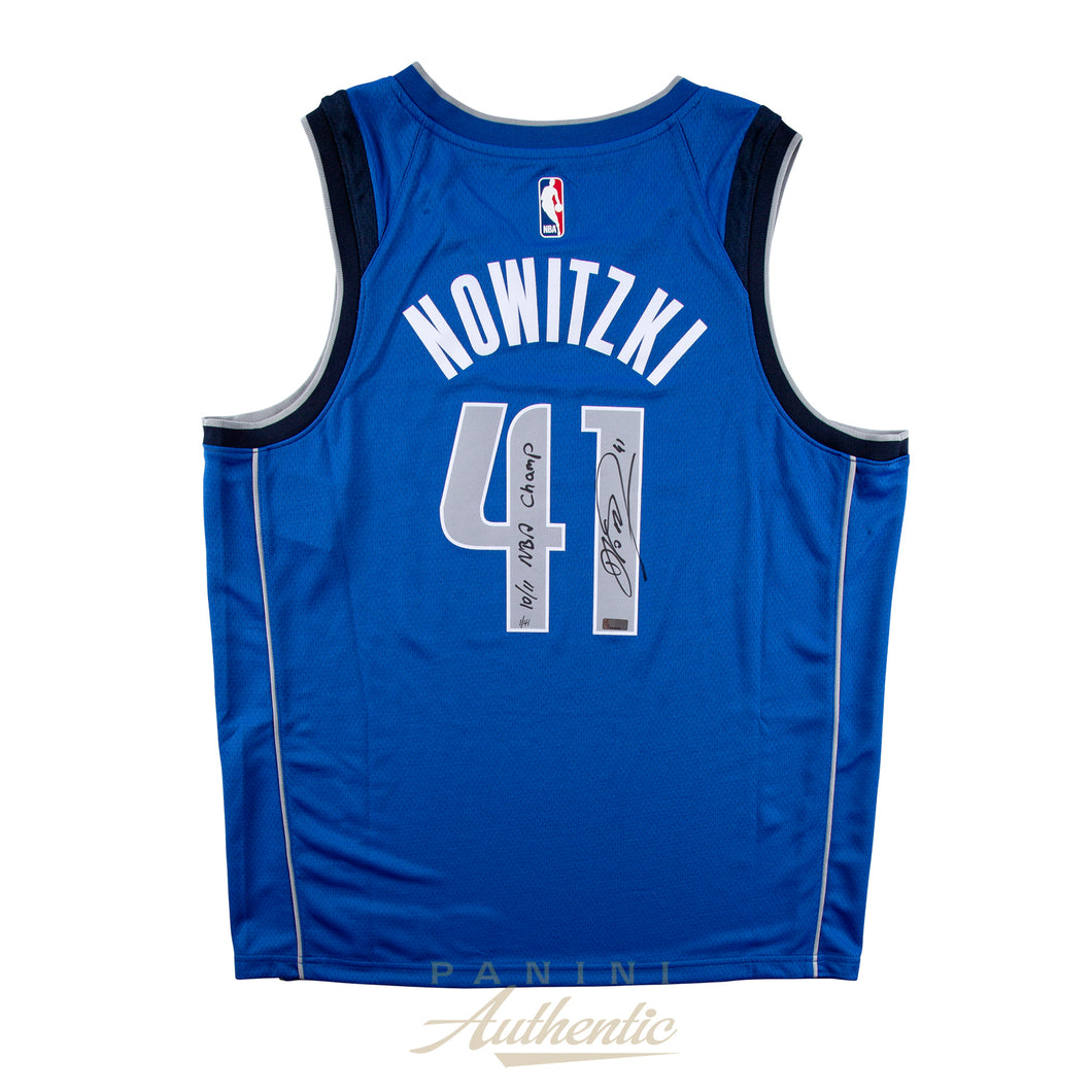 Dirk Nowitzki Autographed Nike Dallas Mavericks Blue Swingman Jersey with 